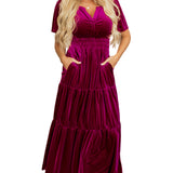 Red Dahlia Velvet Short Sleeve Shirred Waist Tiered Maxi Dress