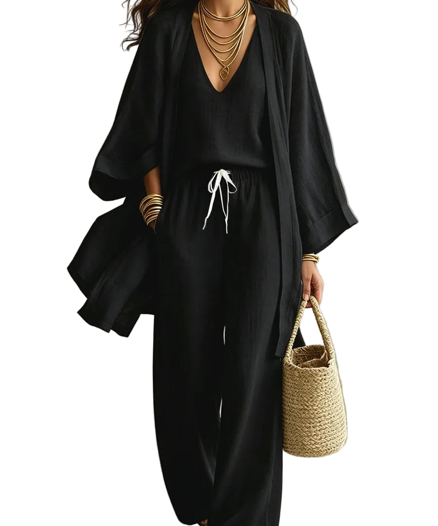 Women's 3-Piece Cardigan, Sleeveless Vest & Wide Leg Pants Set