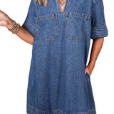 Blue Short Sleeve Collared Patched Pocket Denim Mini Dress