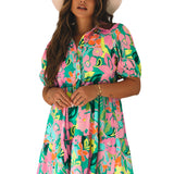 Green Floral Puff Sleeve Collar Buttoned Babydoll Dress