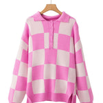 Pink Checkerboard Half Button Collared Drop Shoulder Sweater