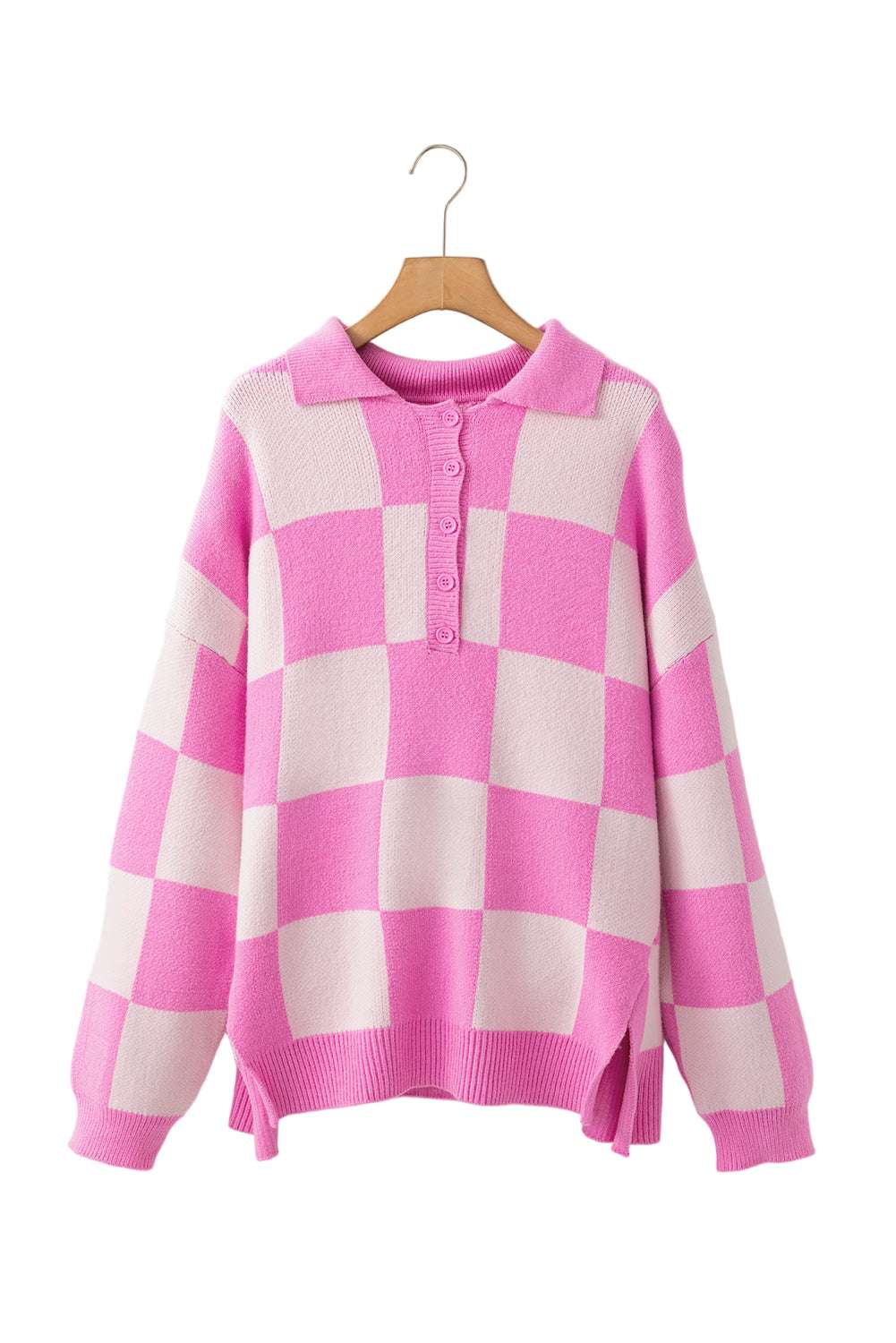 Pink Checkerboard Half Button Collared Drop Shoulder Sweater
