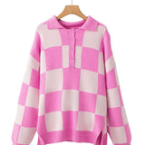 Pink Checkerboard Half Button Collared Drop Shoulder Sweater