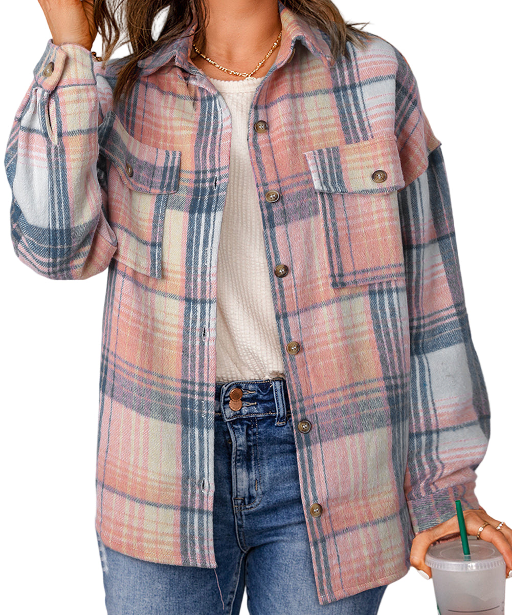 Brown Plaid Flap Pockets Shacket