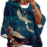 Women's Graphic Print Drawstring Hoodie – Three-Quarter Sleeves