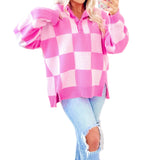 Pink Checkerboard Half Button Collared Drop Shoulder Sweater