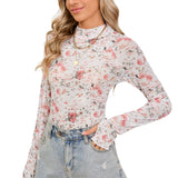 Pink Floral Print Mesh Mock Neck Slim Blouse