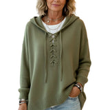 Lace-Up V-Neck Hooded Knit Sweater | Drop Shoulder Oversized Pullover