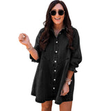 Women's Three-Quarter Sleeve Denim Dress – Ruffle Detail Mid-Length