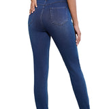 Ashleigh Blue Multiple Pockets Straight Leg Washed Stretchy Knit Casual Jeans