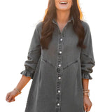 Women's Three-Quarter Sleeve Denim Dress – Ruffle Detail Mid-Length