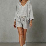 Women's Loose V-Neck Long Sleeve Striped Shorts Set – Casual Leisure