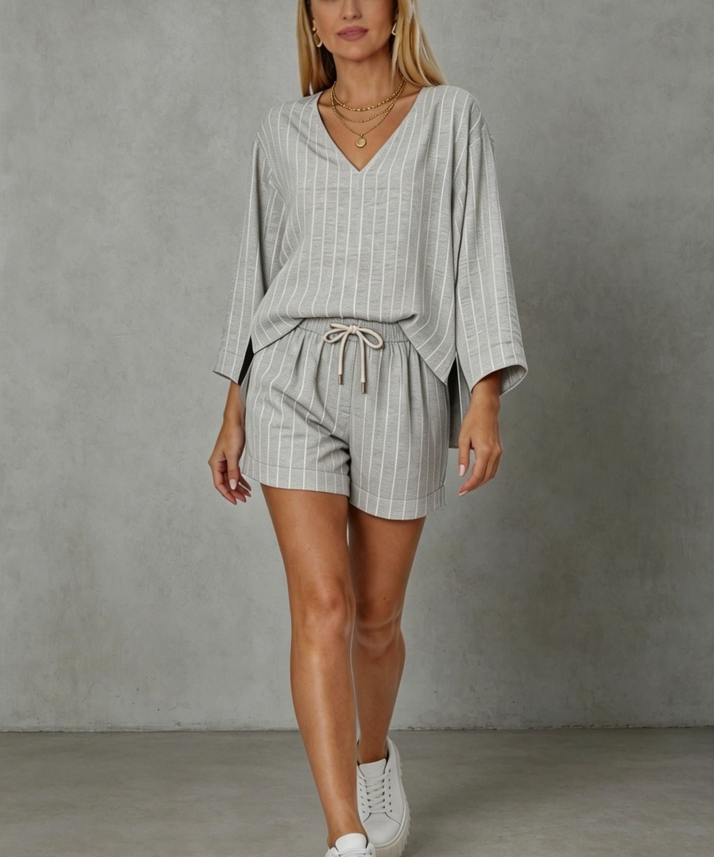 Women's Loose V-Neck Long Sleeve Striped Shorts Set – Casual Leisure