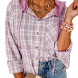 Pink Checkered Print Loose Fit Buttoned Hooded Shacket