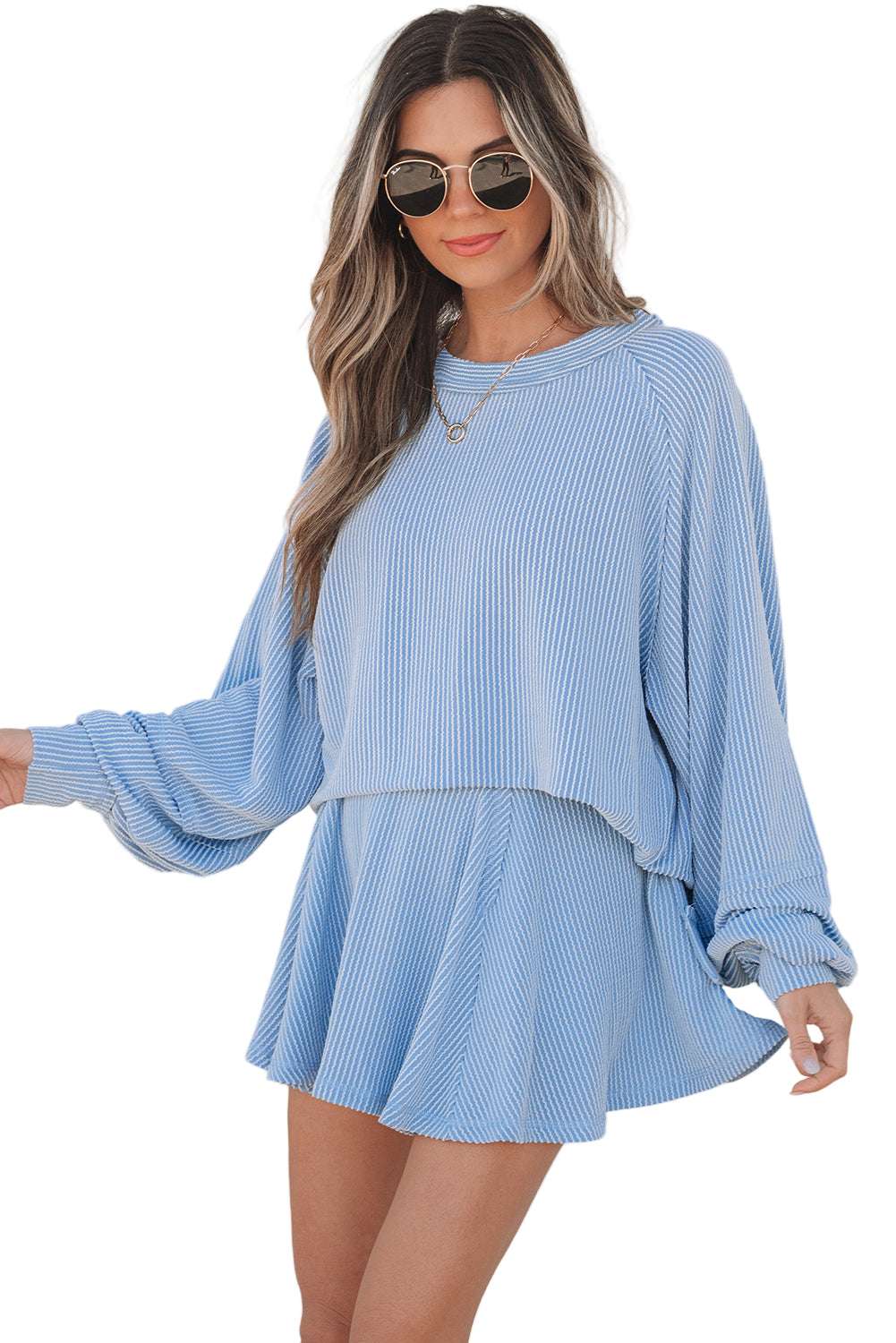 Jet Stream Corded Lantern Sleeve Top High Waist Ruffled Mini Skirt Set