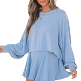 Jet Stream Corded Lantern Sleeve Top High Waist Ruffled Mini Skirt Set