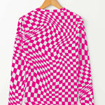 Black Checkered Pattern Mesh Mock Neck Long Sleeve Top