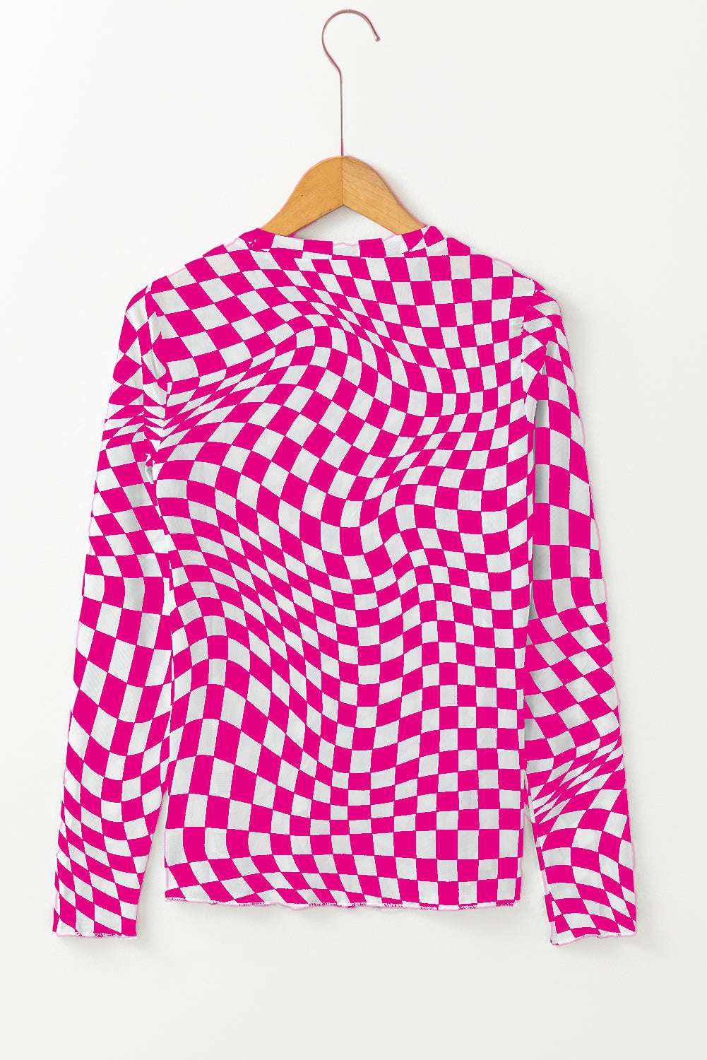 Black Checkered Pattern Mesh Mock Neck Long Sleeve Top