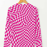 Black Checkered Pattern Mesh Mock Neck Long Sleeve Top