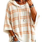 Plaid Knit Hooded Batwing Sweater