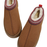 Chestnut Suede Contrast Print Round Toe Plush Lined Flats