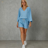 Women's Loose V-Neck Long Sleeve Striped Shorts Set – Casual Leisure