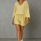 Women's Loose V-Neck Long Sleeve Striped Shorts Set – Casual Leisure