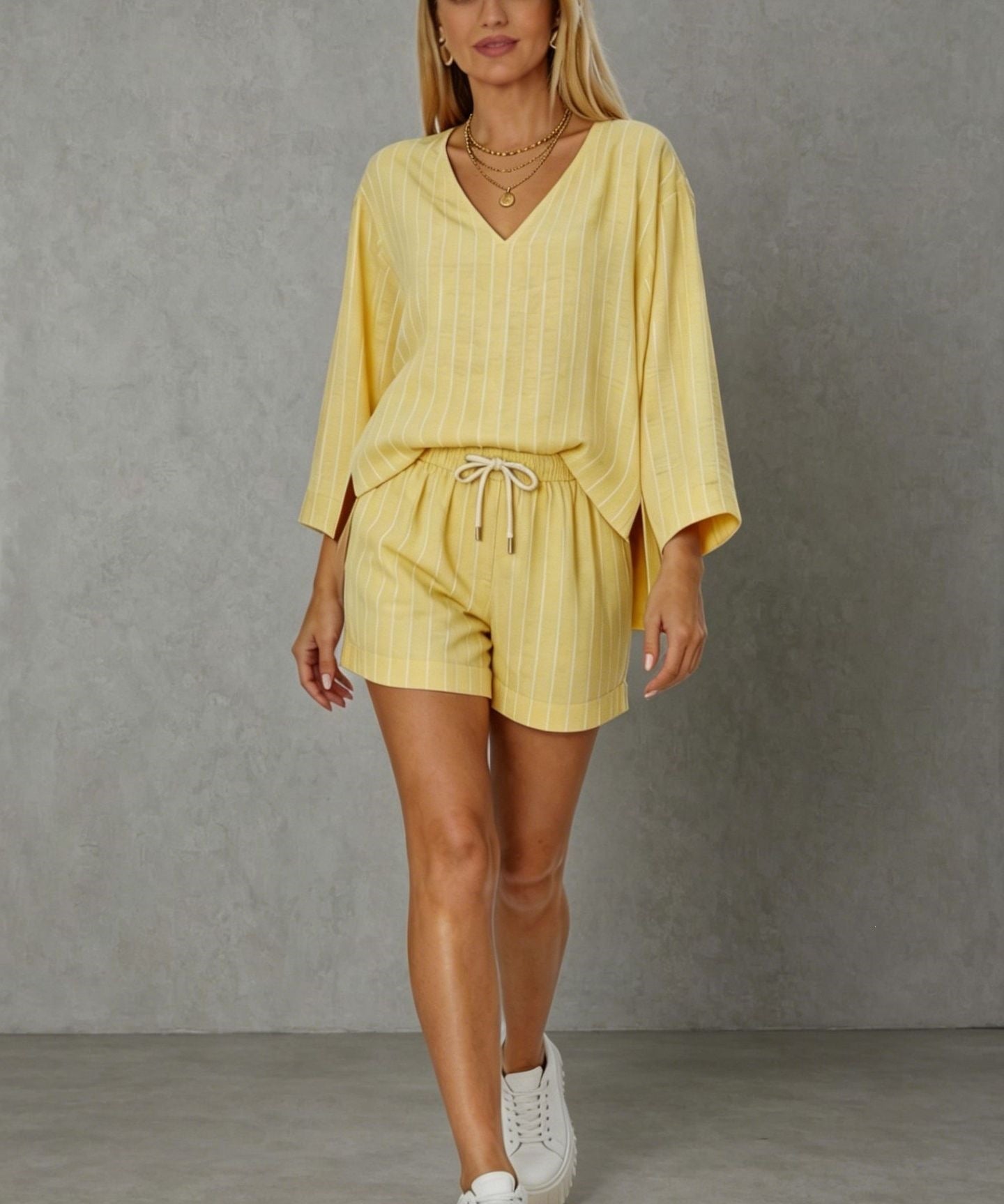Women's Loose V-Neck Long Sleeve Striped Shorts Set – Casual Leisure