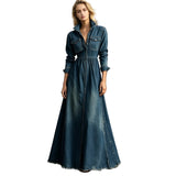 Women's Denim Maxi Shirt Dress – Cinched Waist & Flared Raw Hem Skirt