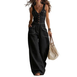 Women's Washed Denim Straight-Leg Loose Sleeveless Strap Jumpsuit with Pockets – 3 Colors