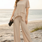 Women's Irregular Hem Top & Wide Leg Pants Two-Piece Set
