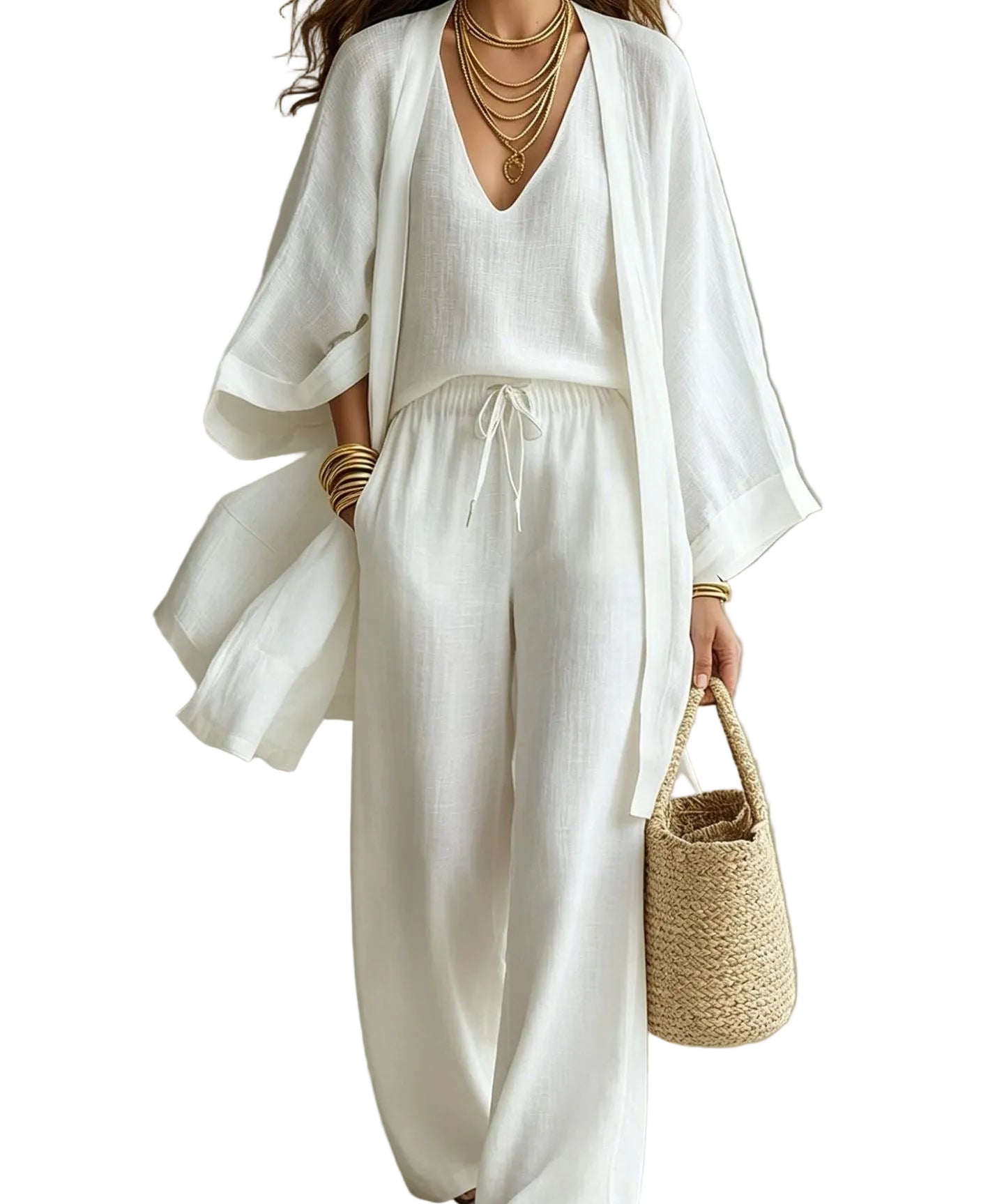 Women's 3-Piece Cardigan, Sleeveless Vest & Wide Leg Pants Set