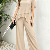 Women's Irregular Hem Top & Wide Leg Pants Two-Piece Set