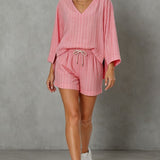 Women's Loose V-Neck Long Sleeve Striped Shorts Set – Casual Leisure