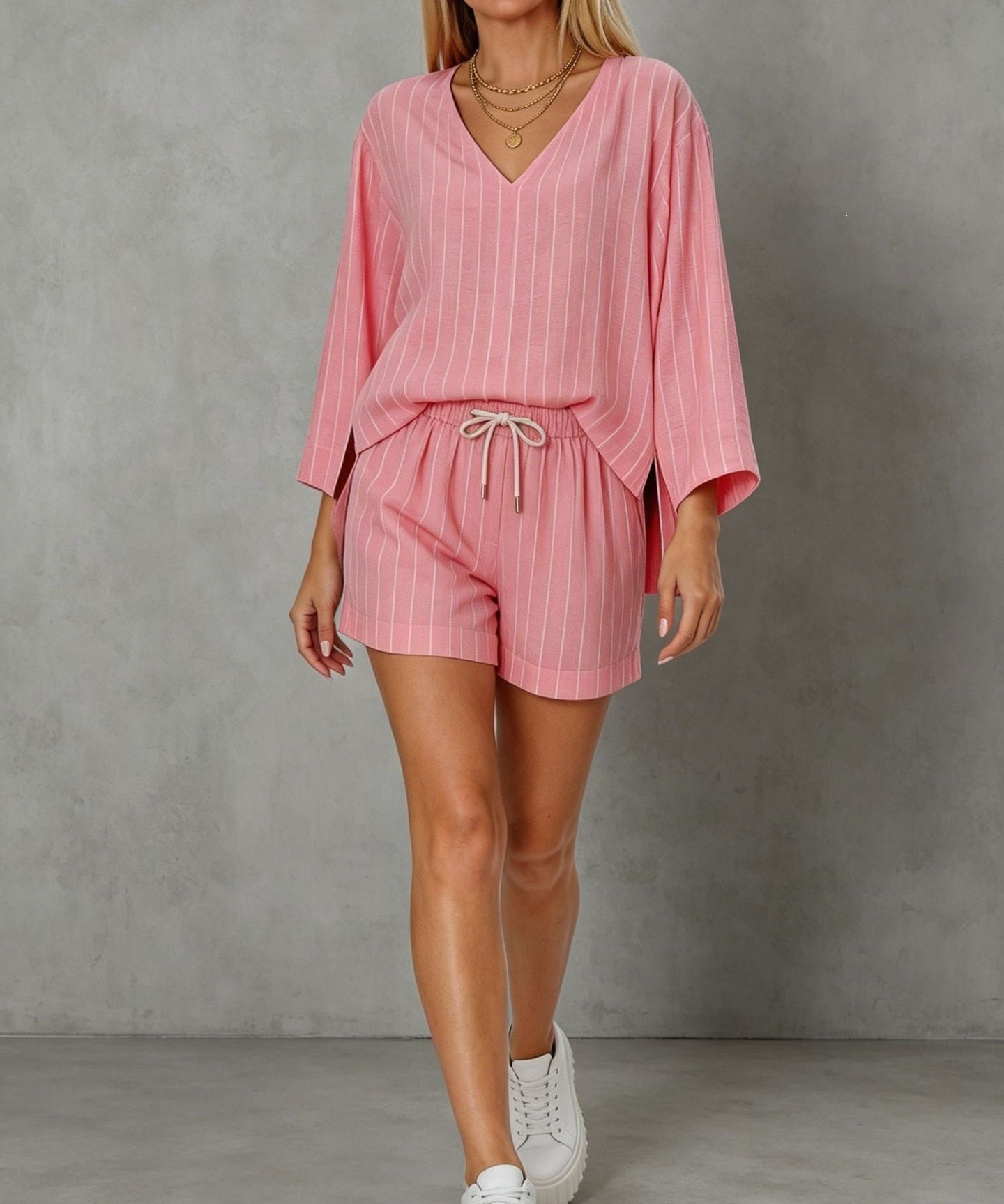 Women's Loose V-Neck Long Sleeve Striped Shorts Set – Casual Leisure