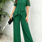 Women's Irregular Hem Top & Wide Leg Pants Two-Piece Set