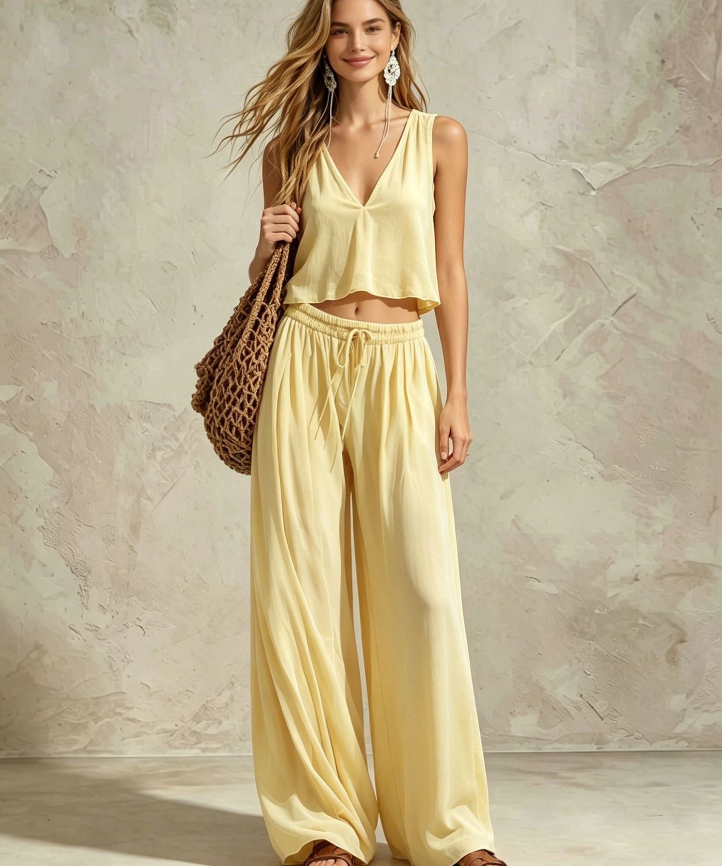 Women's V-Neck Sleeveless Camisole Top & Wide Leg Pants Set