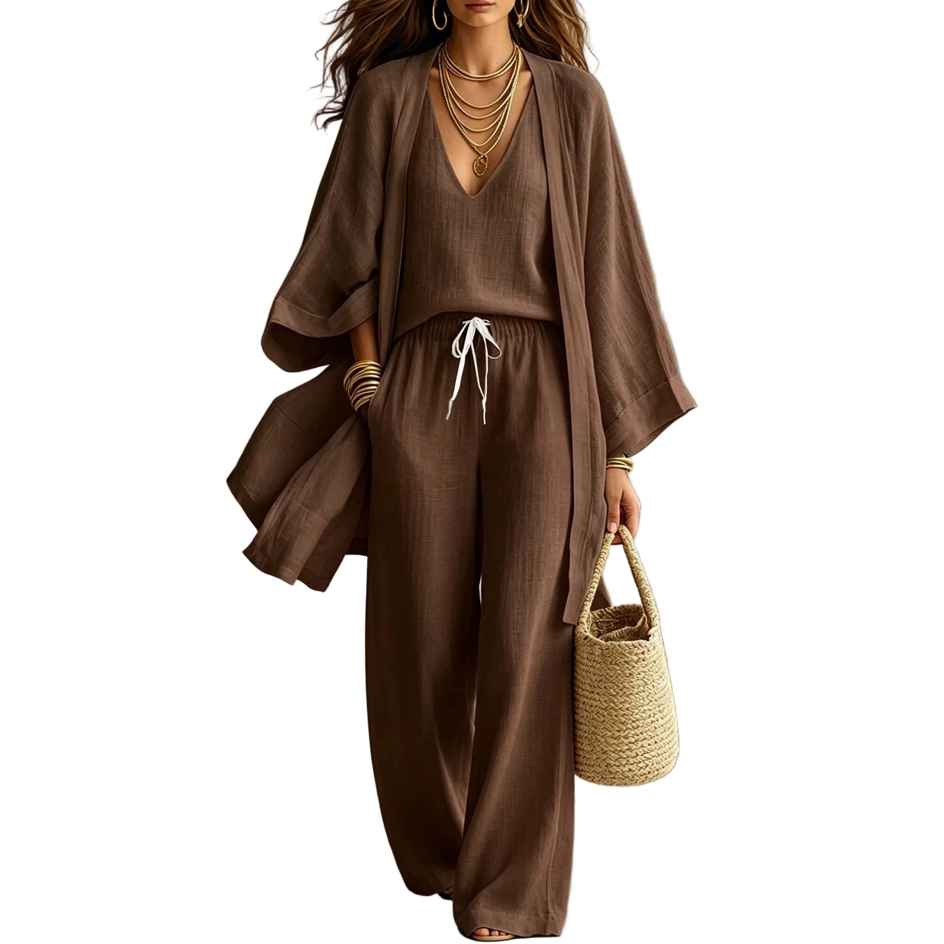 Women's 3-Piece Cardigan, Sleeveless Vest & Wide Leg Pants Set