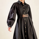 MIDNIGHT MASQUERADE WOVEN MIDI DRESS