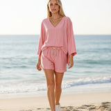 Women's Loose V-Neck Long Sleeve Striped Shorts Set – Casual Leisure