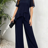 Women's Irregular Hem Top & Wide Leg Pants Two-Piece Set