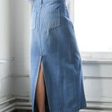 A LEAP OF FAITH MIDI DENIM SKIRT