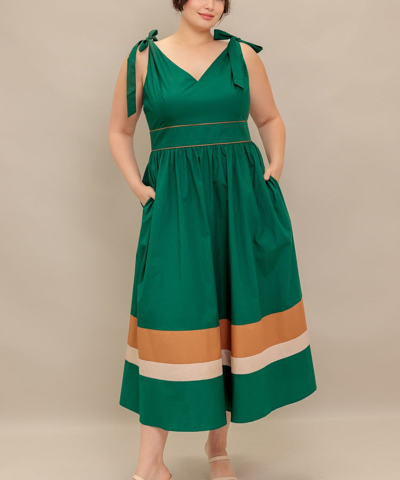 FOREST CHARM WOVEN COLOR BLOCKED MIDI DRESS