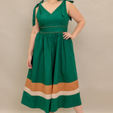 FOREST CHARM WOVEN COLOR BLOCKED MIDI DRESS
