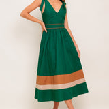 FOREST CHARM WOVEN COLOR BLOCKED MIDI DRESS