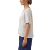 100% Linen Pleated Striped Pullover Top VIA