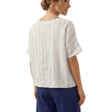 100% Linen Pleated Striped Pullover Top VIA