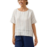 100% Linen Pleated Striped Pullover Top VIA