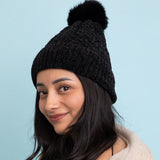 Velvet Cable Knit Pom Beanie