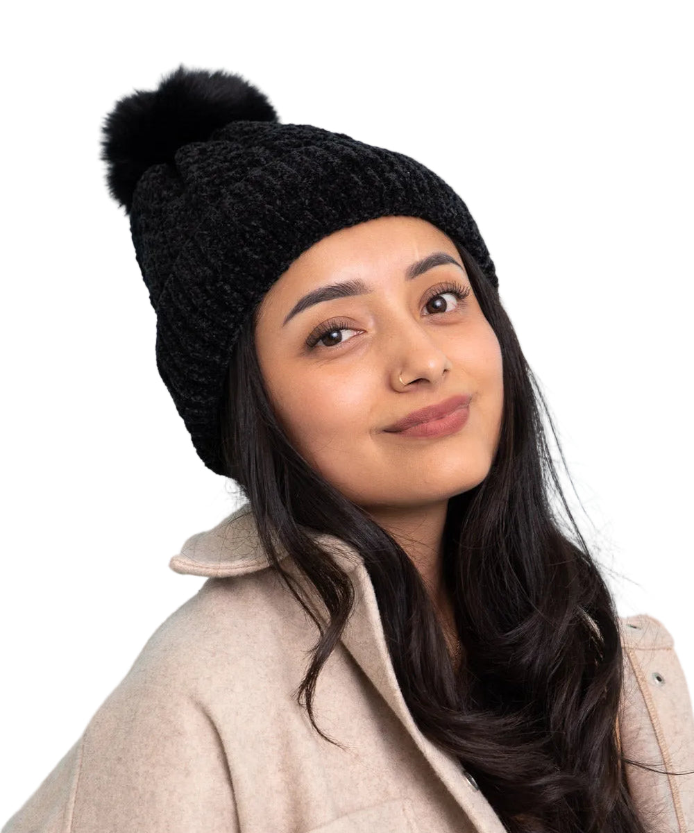 Velvet Cable Knit Pom Beanie